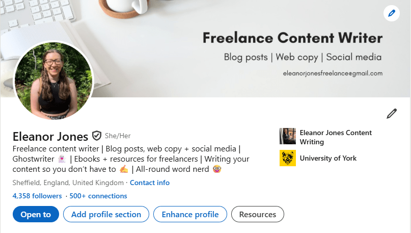 eleanor jones linkedin page - top banner and progile